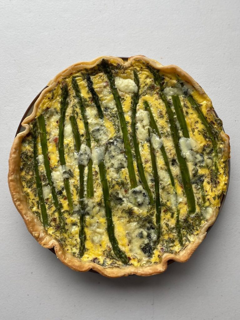 asparagus quiche with caramelized onions and bacon