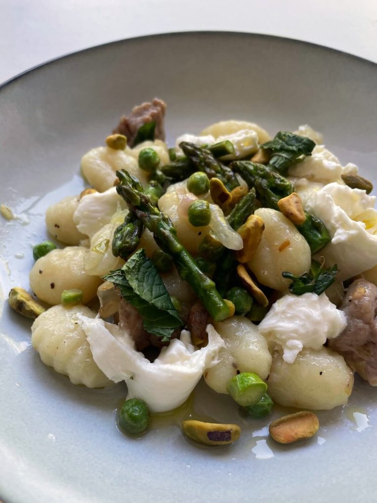 Green Gnocchi with Asparagus, Peas, and Italian Sausage