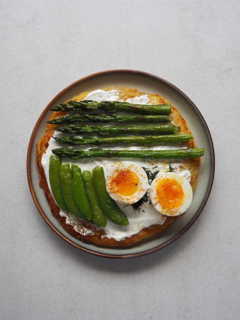 Potato Rosti with Asparagus, Snap Peas, and Soft-Boiled Egg