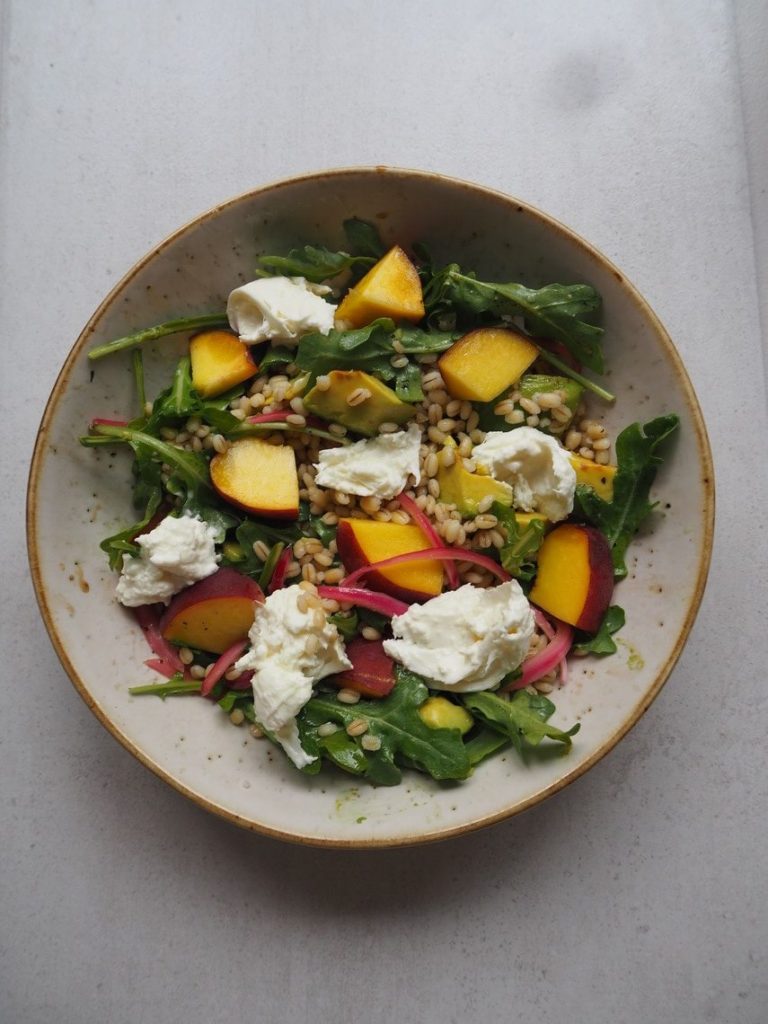 pearl barley salad with peach and buratta