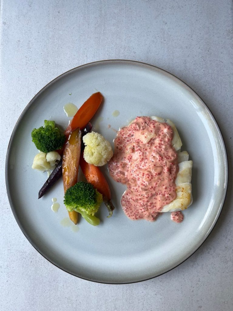 Pan-Fried Cod in Roe and Heavy Cream Sauce with Caramelized Small Carrots, and Boiled Cauliflower and Broccoli