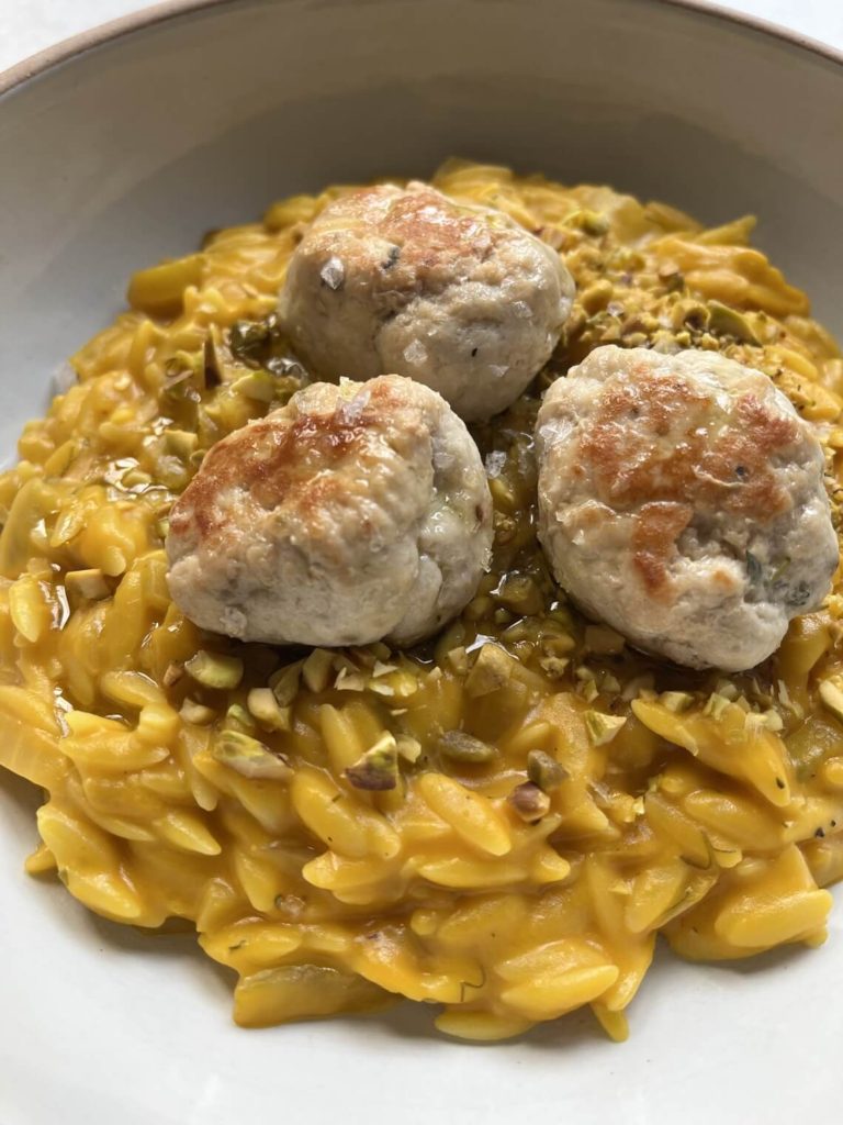 pumpkin orzo with meatballs